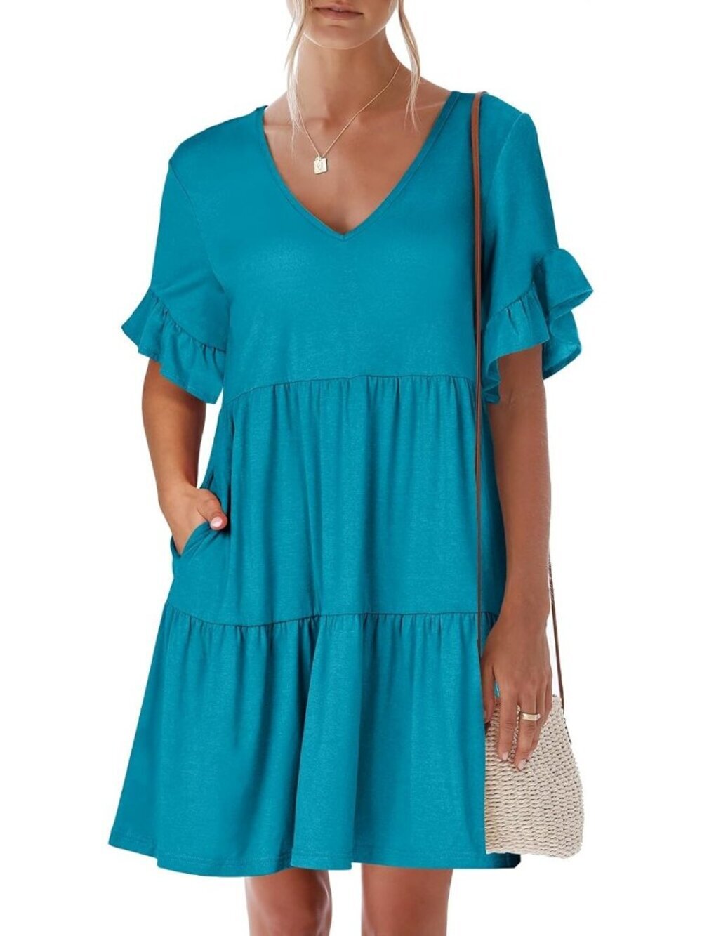 Anrabess Women's Lake Blue Neck Ruffle Sleeve A Line Tiered Mini Flowy Dress